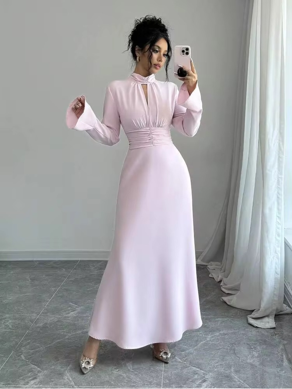 Selianne Women’s Elegant Ruffled Collar Flared Sleeve Waist-Cinched Work Dress